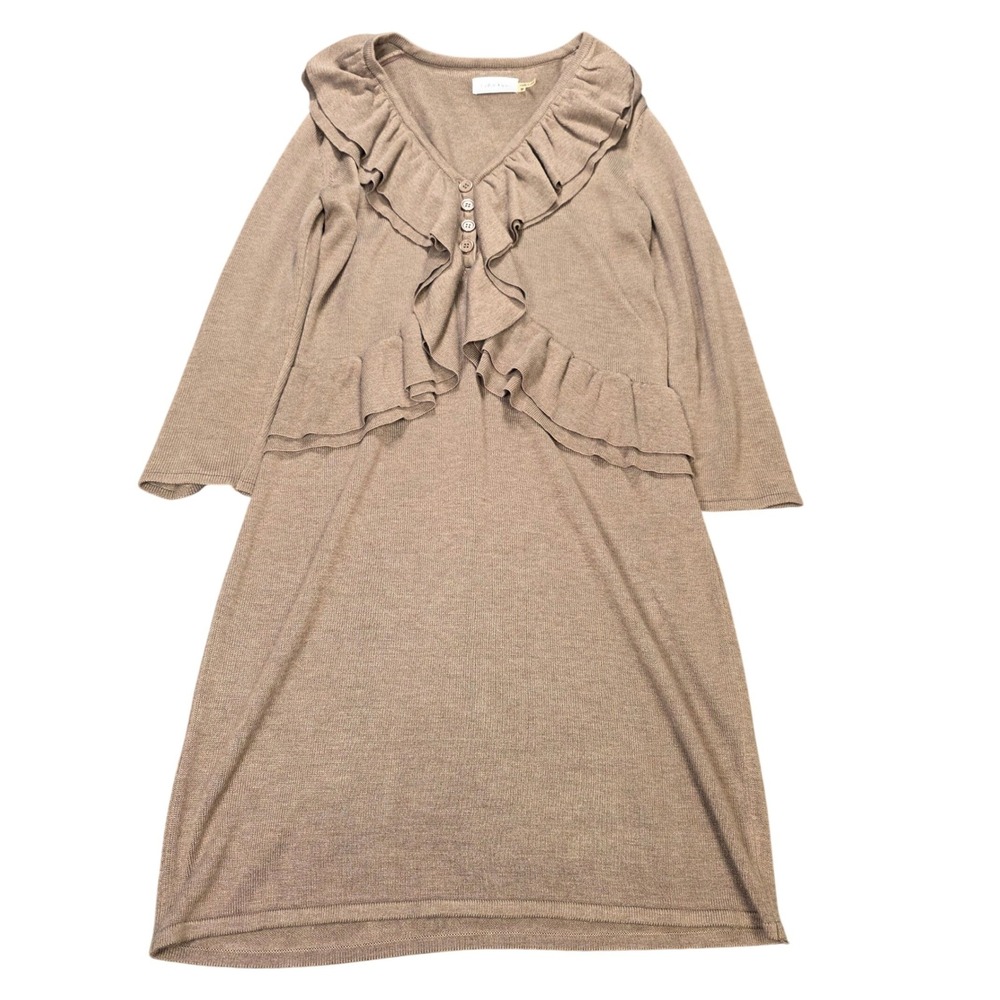 Calvin Klein A-Line Knit Dress Women's Size M Taupe Brown Ruffle V-Neckβ Soft